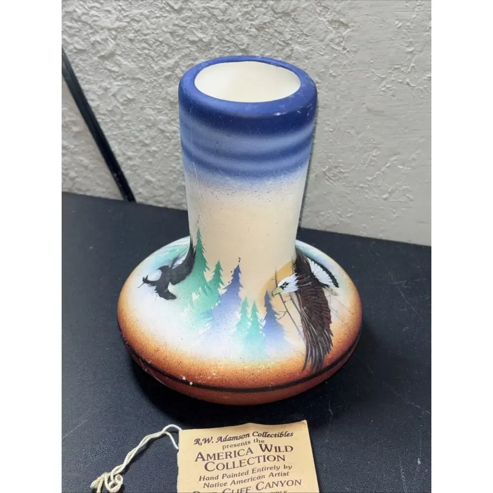 RWA Eagles Hand Printed Native American Handmade Pottery Vase 5.5” Tall 1999